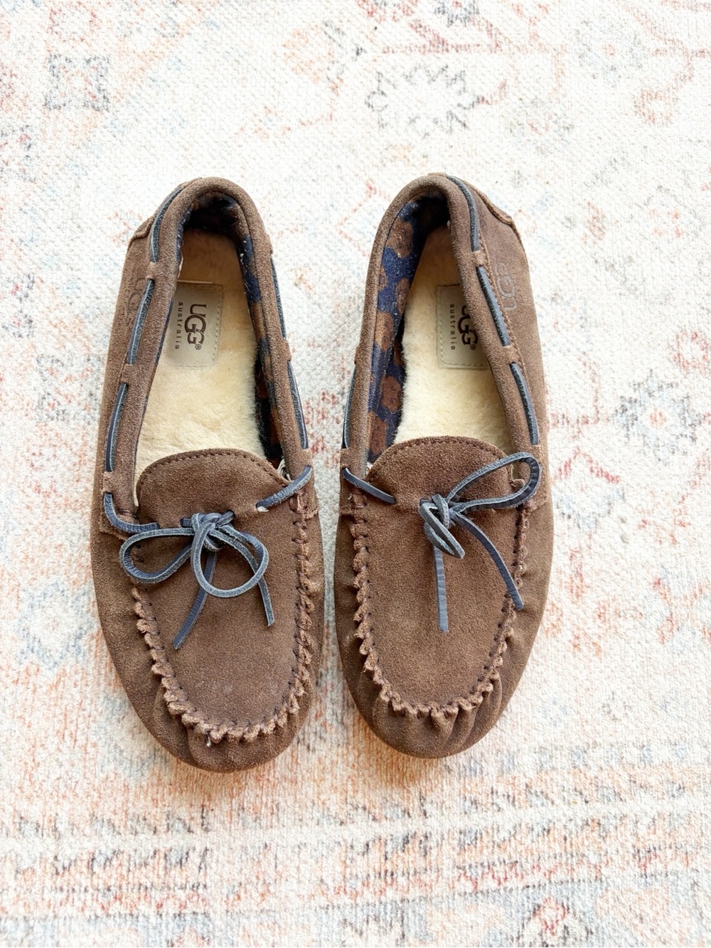 6 • UGG Chestnut Suede Bow Moccasin Slippers